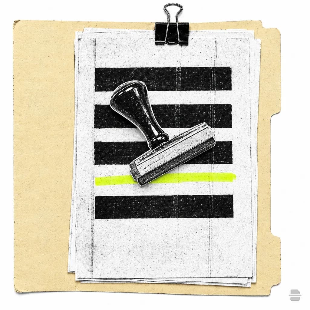 Photocopy-style paste-up of a rubber stamp lying on a ruled page with black bars